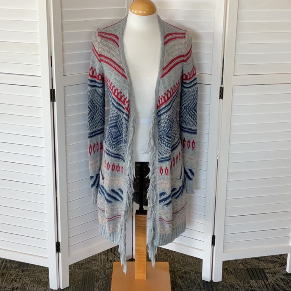 American Eagle Outfitters Gray and Red Geometric Pattern Cardigan Sweater